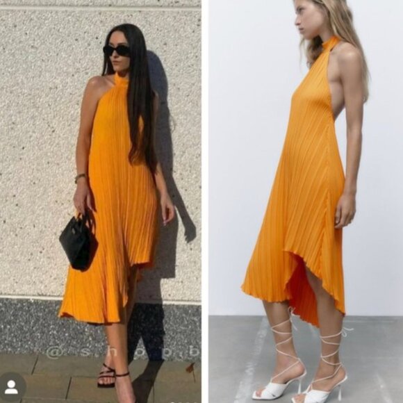 ZARA ORANGE PLEATED HALTER LOW BACK ASYMMETRIC MIDI DRESS Medium - Picture 1 of 12
